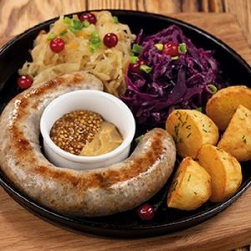 Беловежская колбаса с картофелем и тушеной капустой с охотничьим соусом